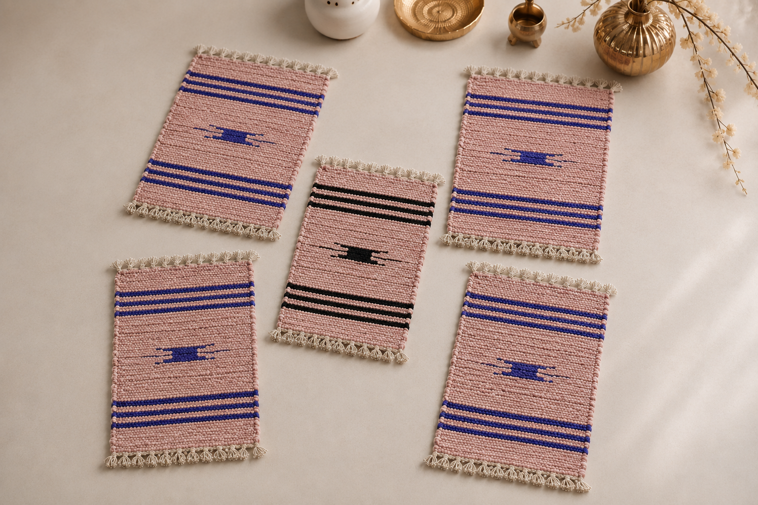 Luxury Handmade Velvet Table Mat Set of 5 – Pink Striped Dining Placemats with Tassels | 1 x 1.9 Ft