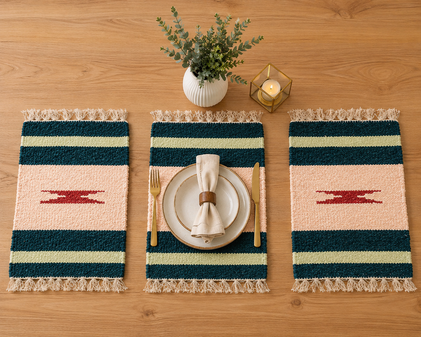 Handwoven Blush Horizon Table Mats – Set of 3 | Premium Velvet Dining Placemats
