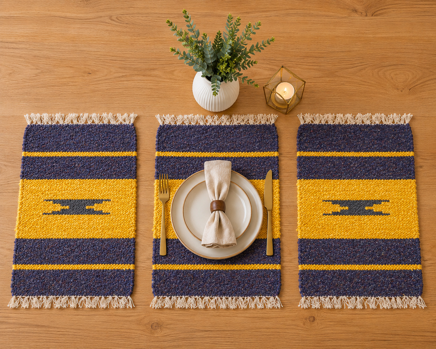 Handmade Velvet Table Placemat Set – Yellow & Navy Geometric Design | 1 x 1.9 ft