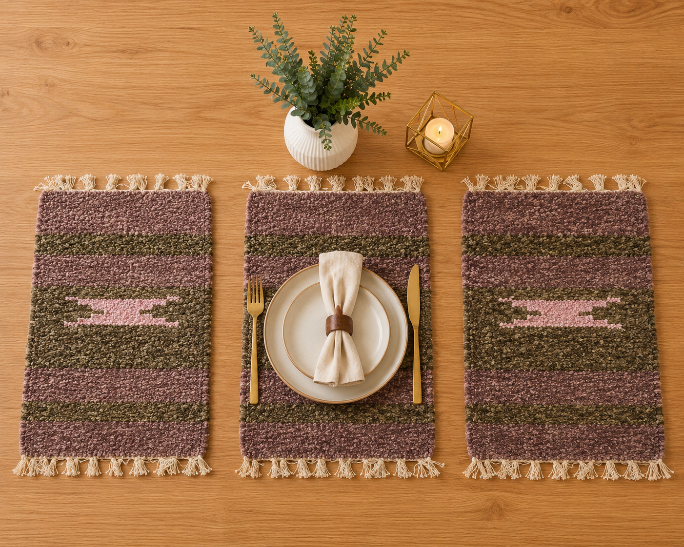 Handmade Velvet Table Placemat Set – Mauve & Olive Striped Design | 1 x 1.9 ft