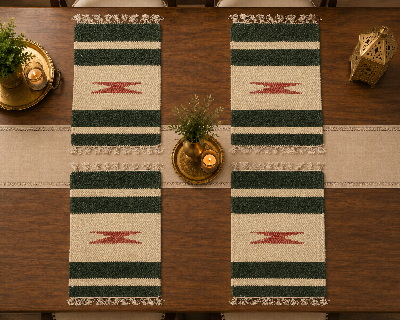 Luxury Handmade Velvet Table Mat – Green & Ivory Striped Dining Placemat | 1 x 1.9 Ft