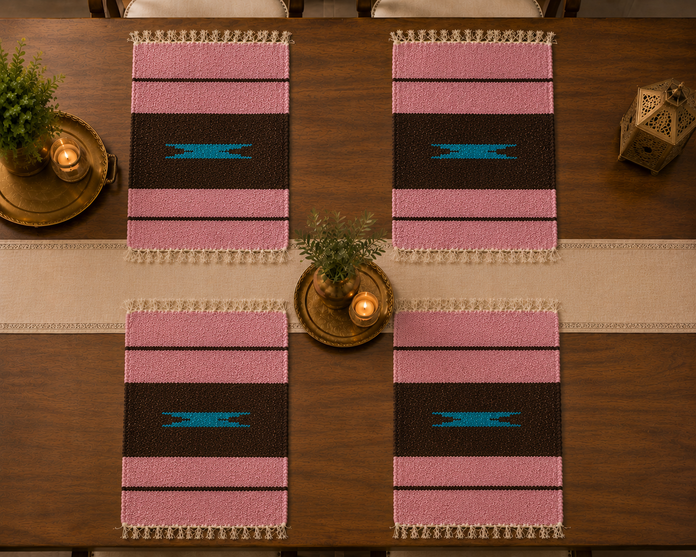 Luxury Handmade Velvet Table Mat – Pink & Brown Striped Dining Placemat | 1 x 1.9 Ft