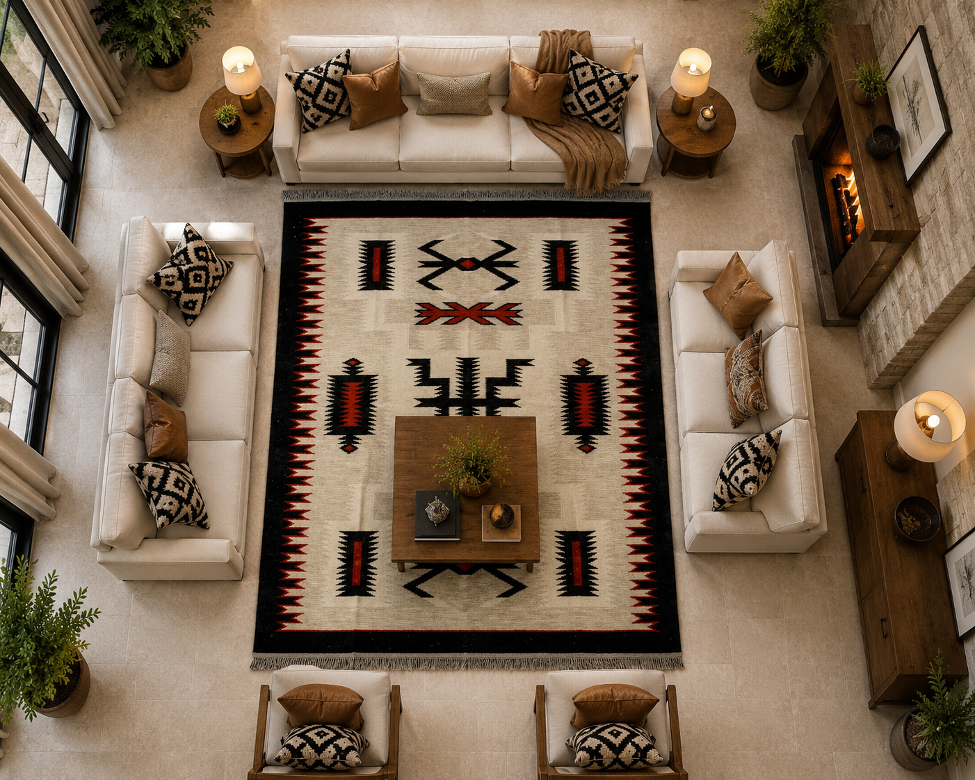 Custom Handmade Wool Rug – Ivory, Black & Rust Design